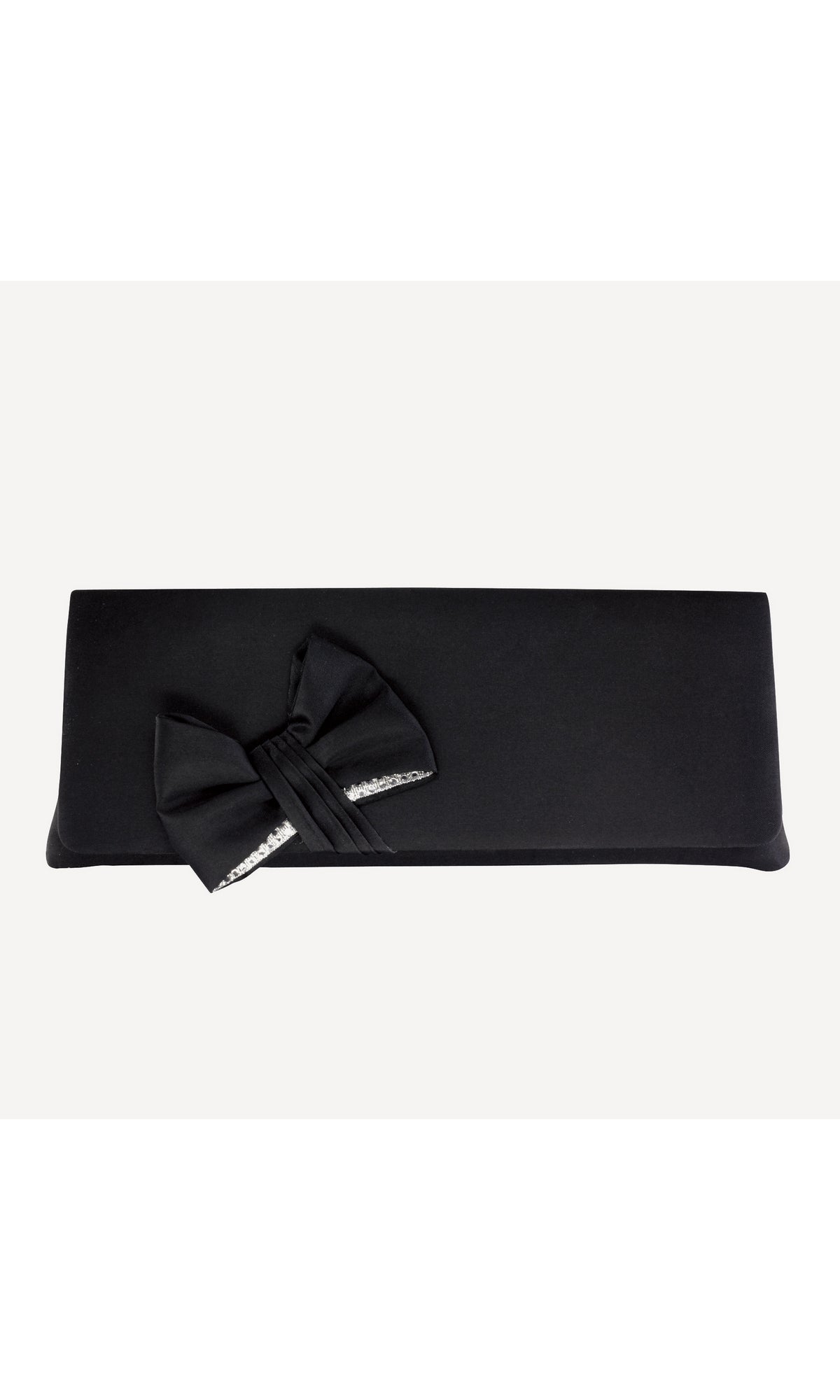Black Satin Prom Clutch: Touch Ups B82024, a black satin envelope clutch with a decorative bow featuring a beaded accent on the front.